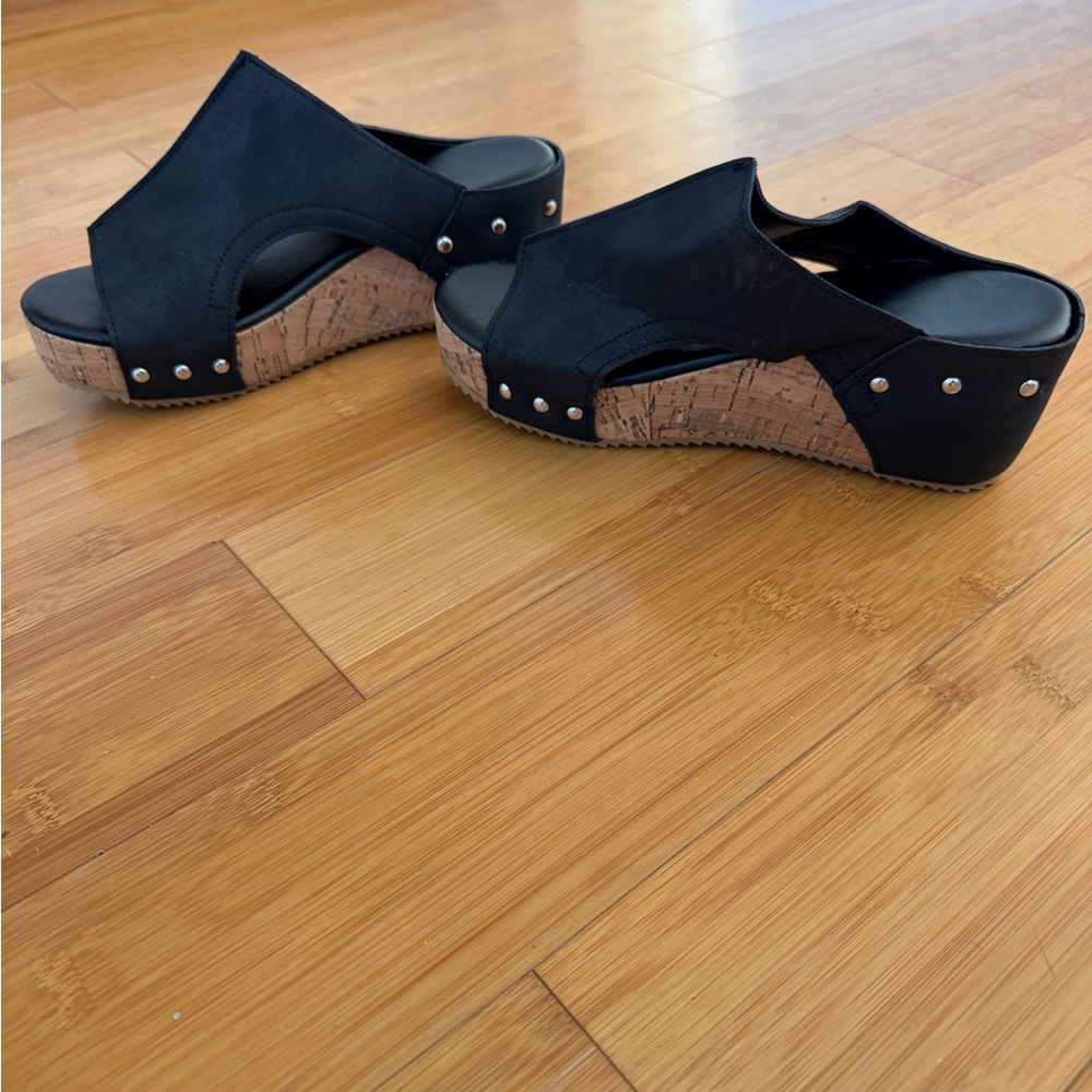 New Black Cork Wedge Slide Sandals with Stud Detail